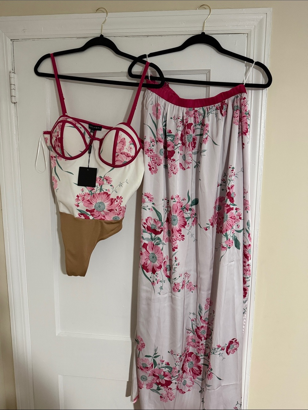 JLUXLABEL Floral Maxi Skirt and Crop Top Set - Pink & White